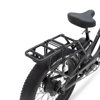 Detailed view of The Alpha ST's rugged, integrated rear rack with built-in tail light.