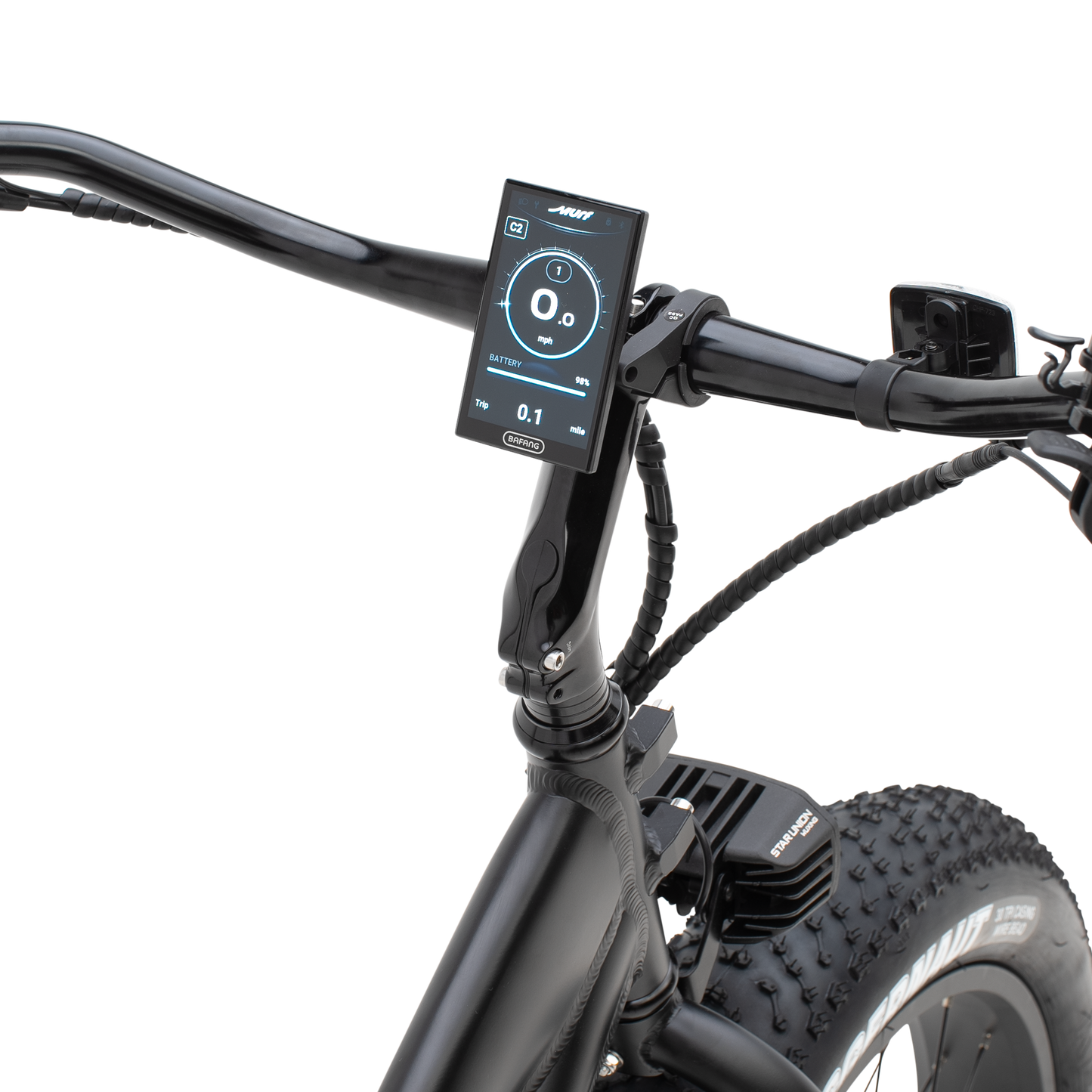 A close-up view of The Alpha ST's high-resolution color display and handlebar controls.