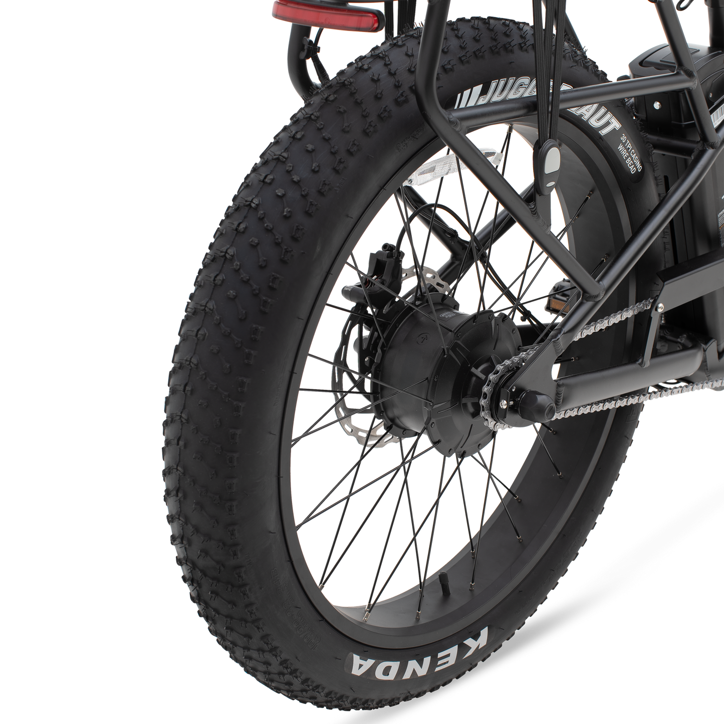 Close-up of The Alpha ST's 26-inch by 4-inch fat tire and 4-piston hydraulic brakes.