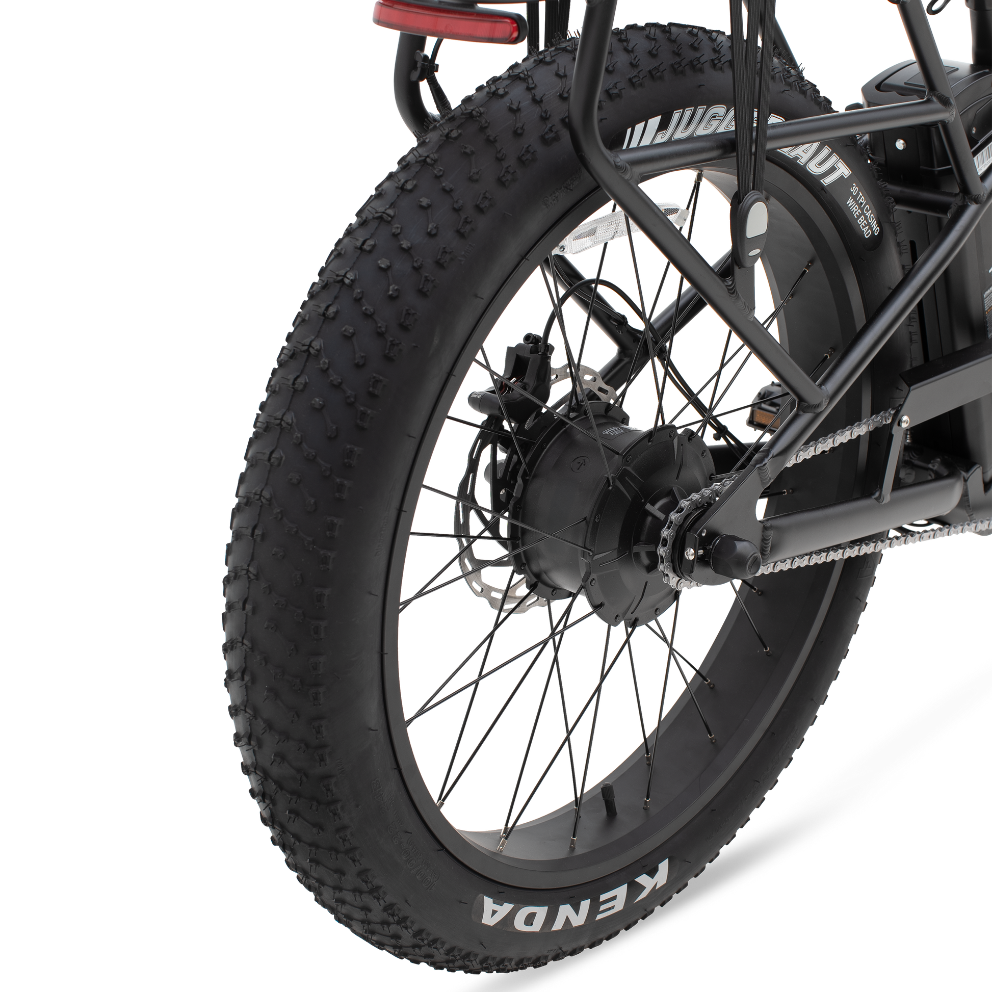 Close-up of The Alpha ST's 26-inch by 4-inch fat tire and 4-piston hydraulic brakes.