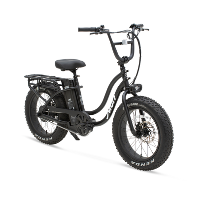 The Higgs ST step-thru fat tire e-bike in black, shown from three quarter in a studio view.