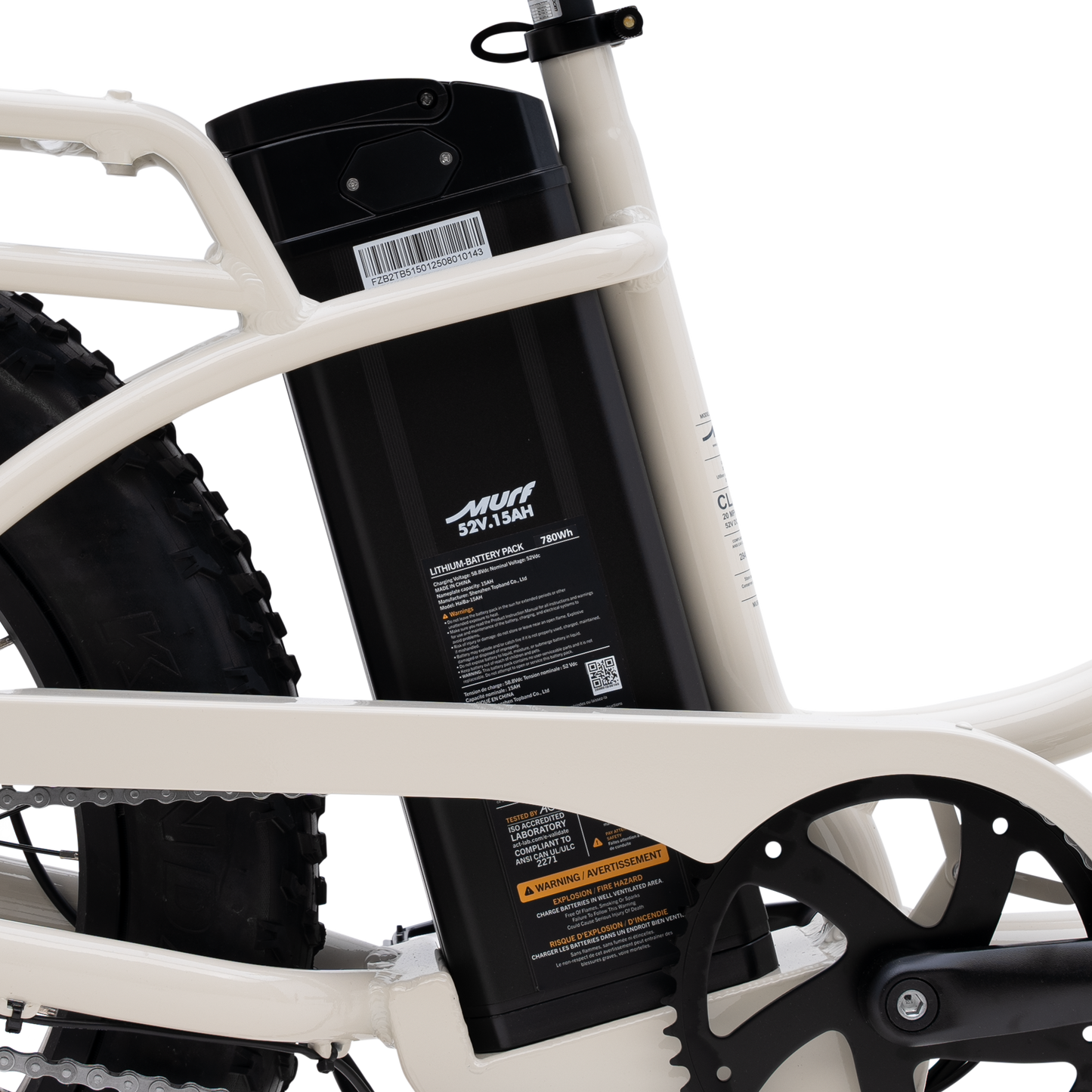 Close-up of a battery pack attached to a Bone white Higgs Step-Thru frame