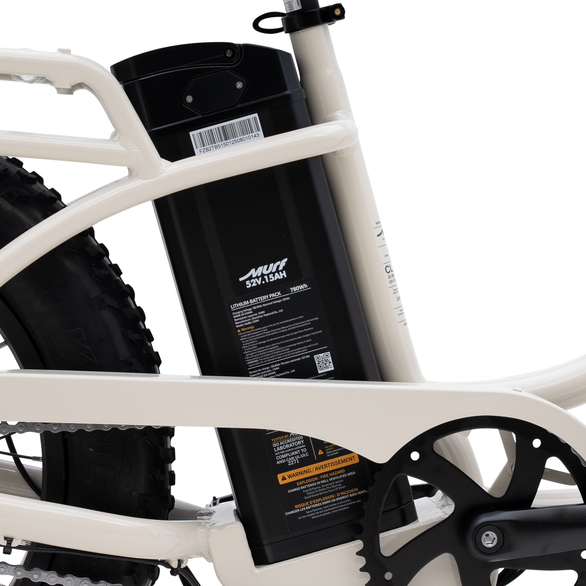 Close-up of a battery pack attached to a Bone white Higgs Step-Thru frame