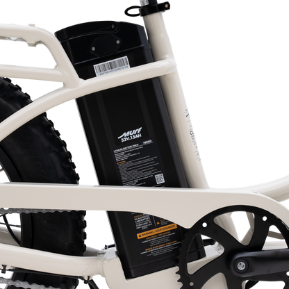 Close-up of a battery pack attached to a Bone white Higgs Step-Thru frame