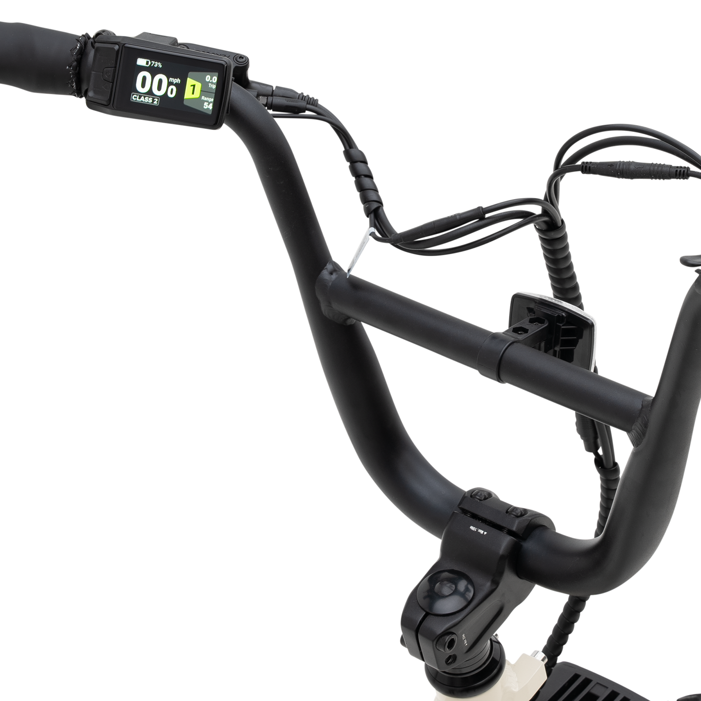 A detailed view of The Higgs ST's compact handlebar display screen.
