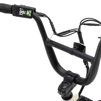 A detailed view of The Higgs ST's compact handlebar display screen.
