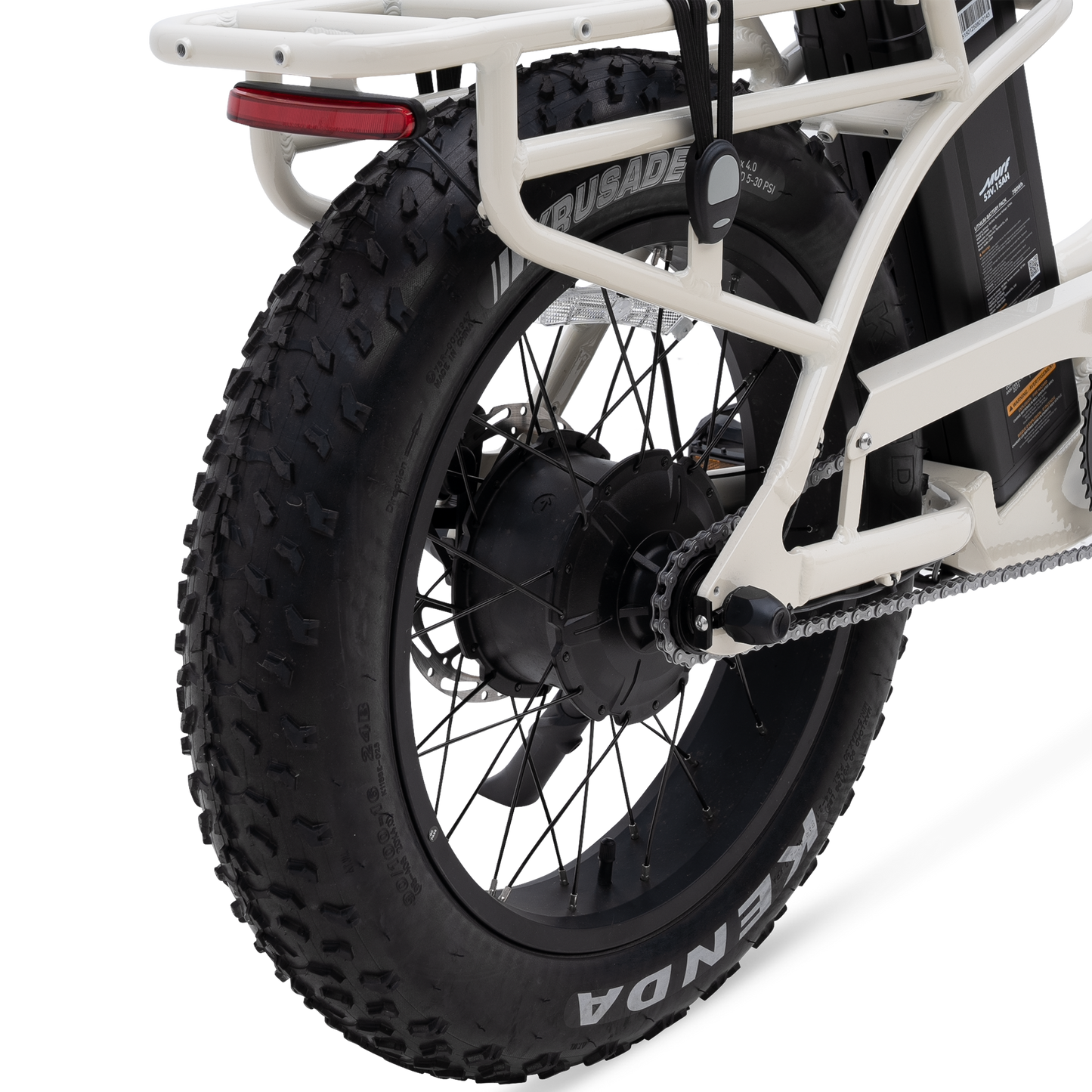 A close-up of The Higgs ST's rear wheel, showing the 750W hub motor.
