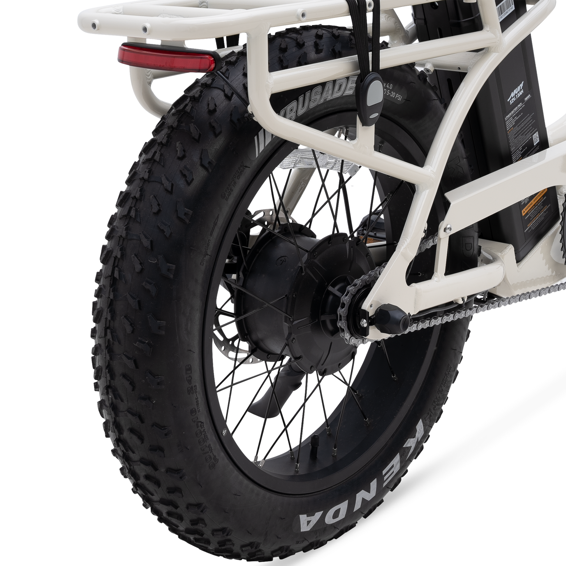 A close-up of The Higgs ST's rear wheel, showing the 750W hub motor.
