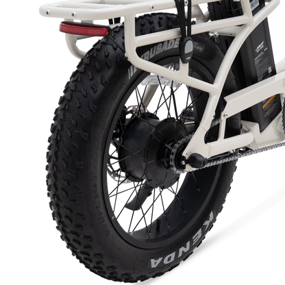 A close-up of The Higgs ST's rear wheel, showing the 750W hub motor.
