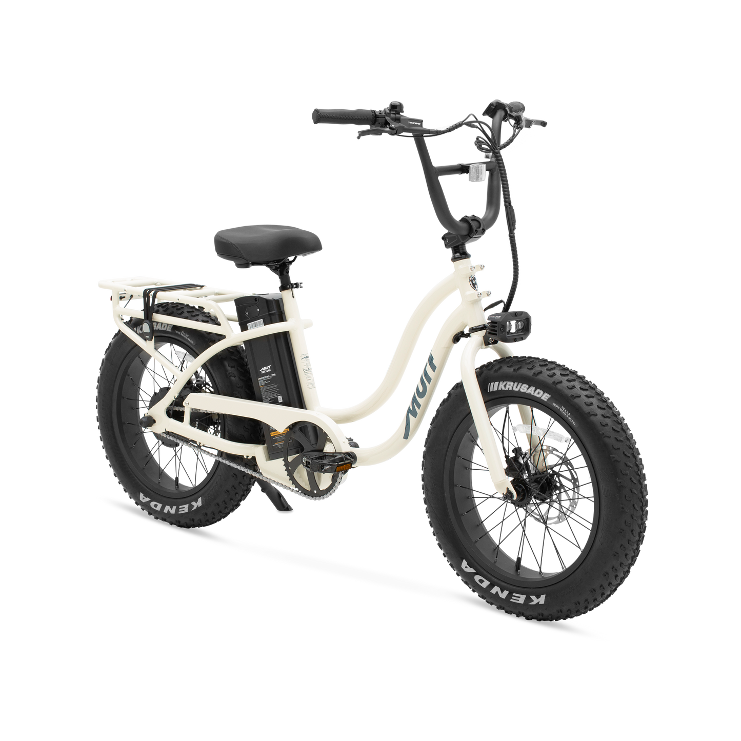 The Higgs ST step-thru fat tire e-bike in raw polished aluminum frame, shown from three quarter in a studio view.