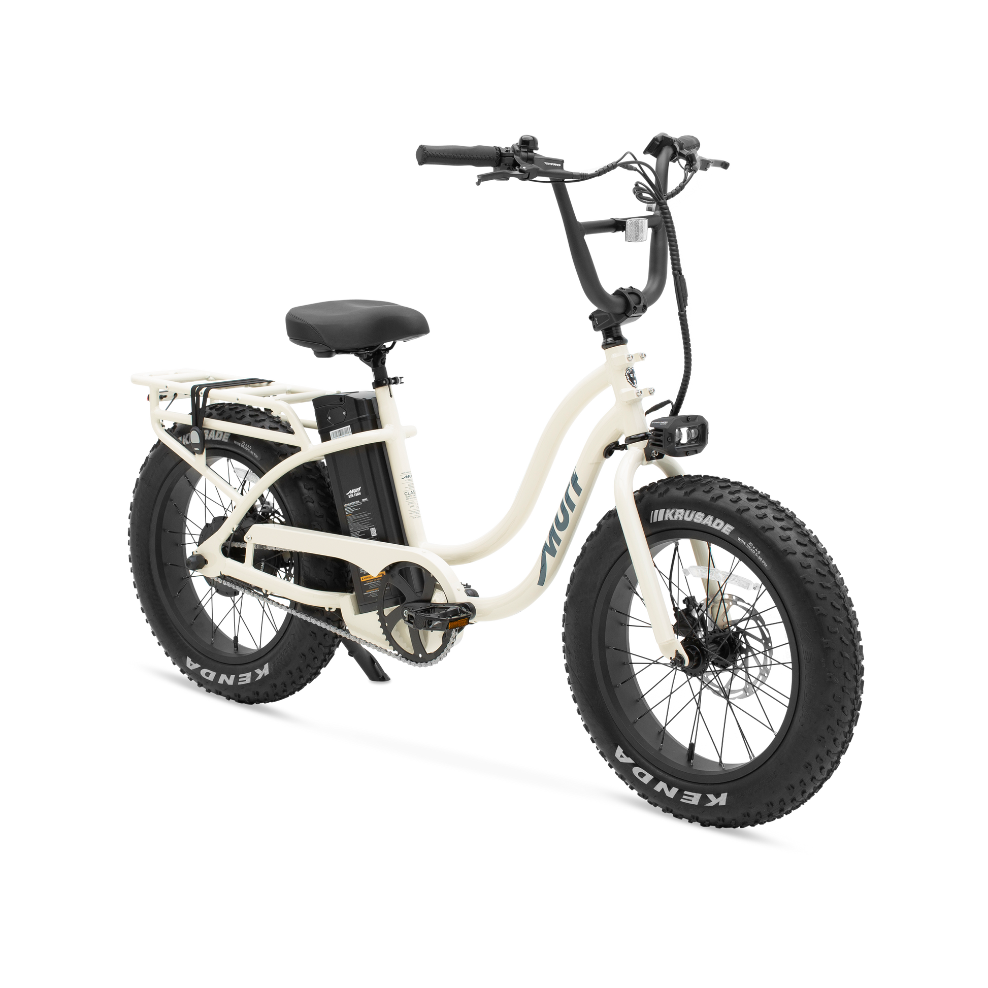 The Higgs ST step-thru fat tire e-bike in raw polished aluminum frame, shown from three quarter in a studio view.