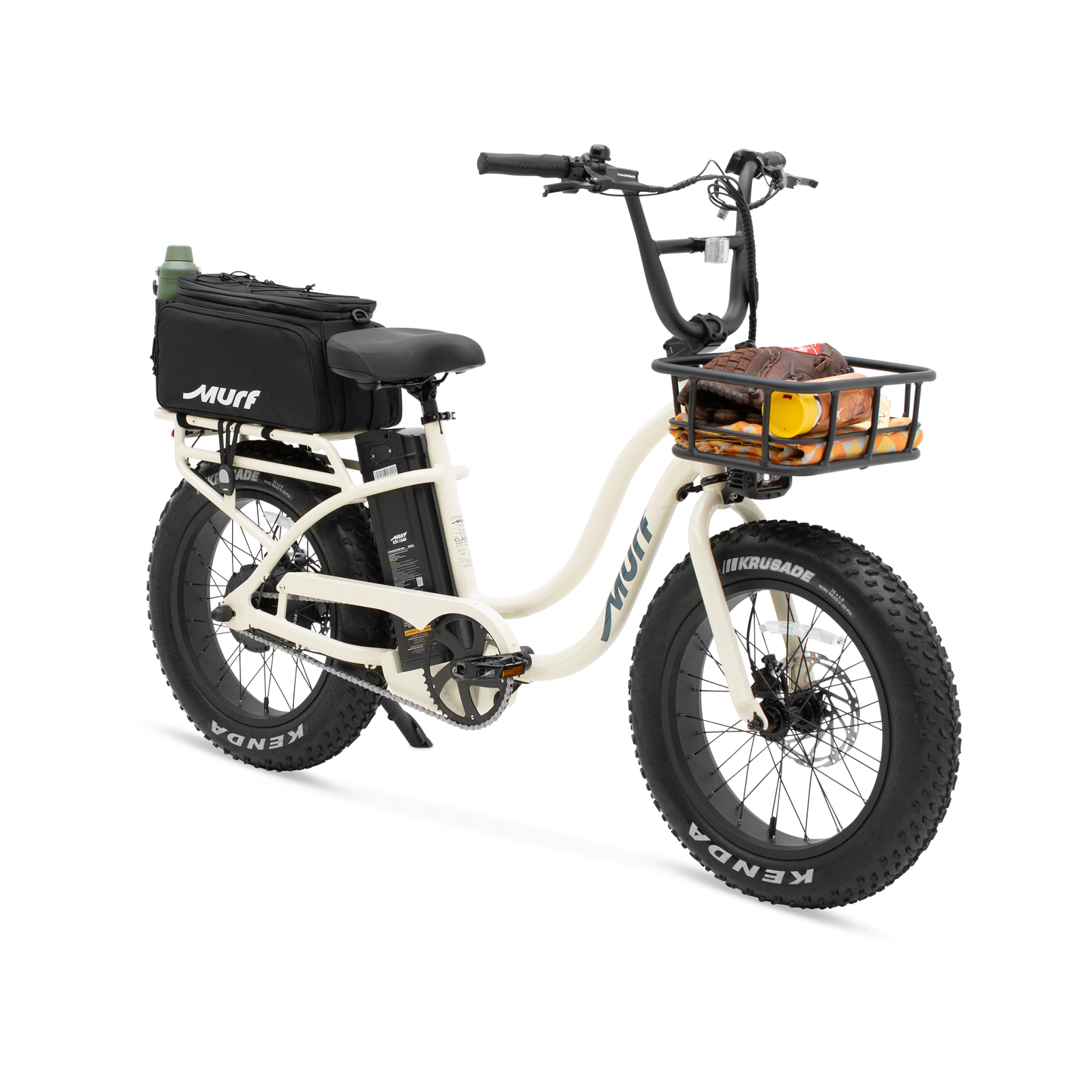 A 3/4 view of the Higgs step-through in bone white, featuring a front basket and rear rack with a securely fastened storage bag.