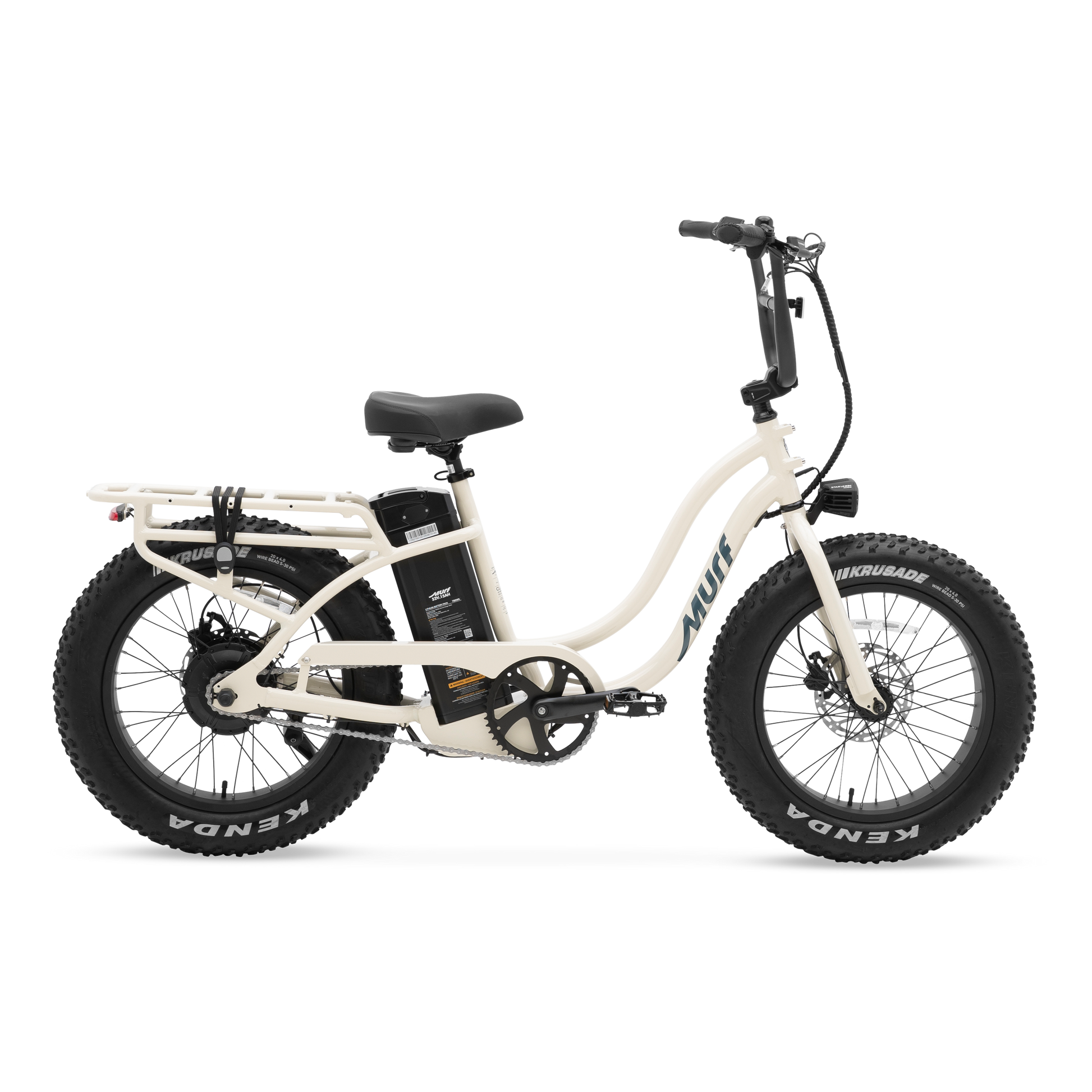 The Higgs ST step-thru fat tire e-bike in raw polished aluminum frame, shown from side  in a studio view.
