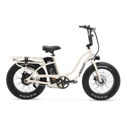 The Higgs ST step-thru fat tire e-bike in raw polished aluminum frame, shown from side  in a studio view.
