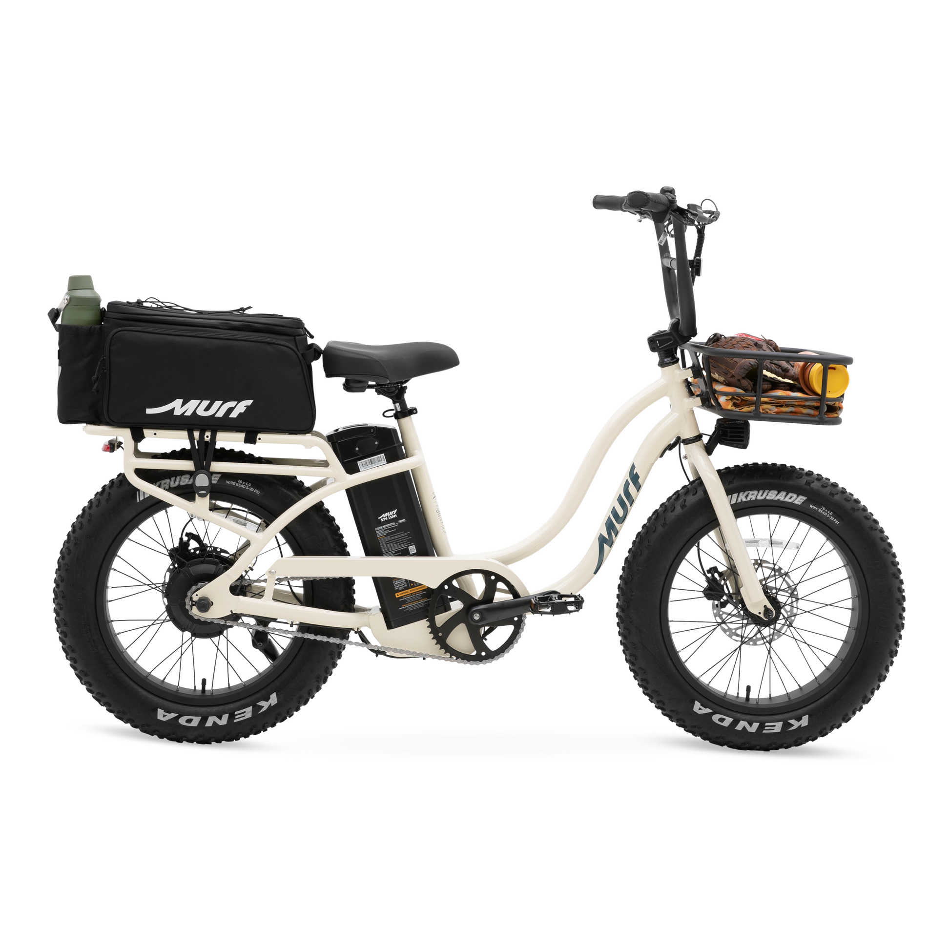 A side view of the Higgs step-through in bone white, featuring a front basket and rear rack with a securely fastened storage bag.