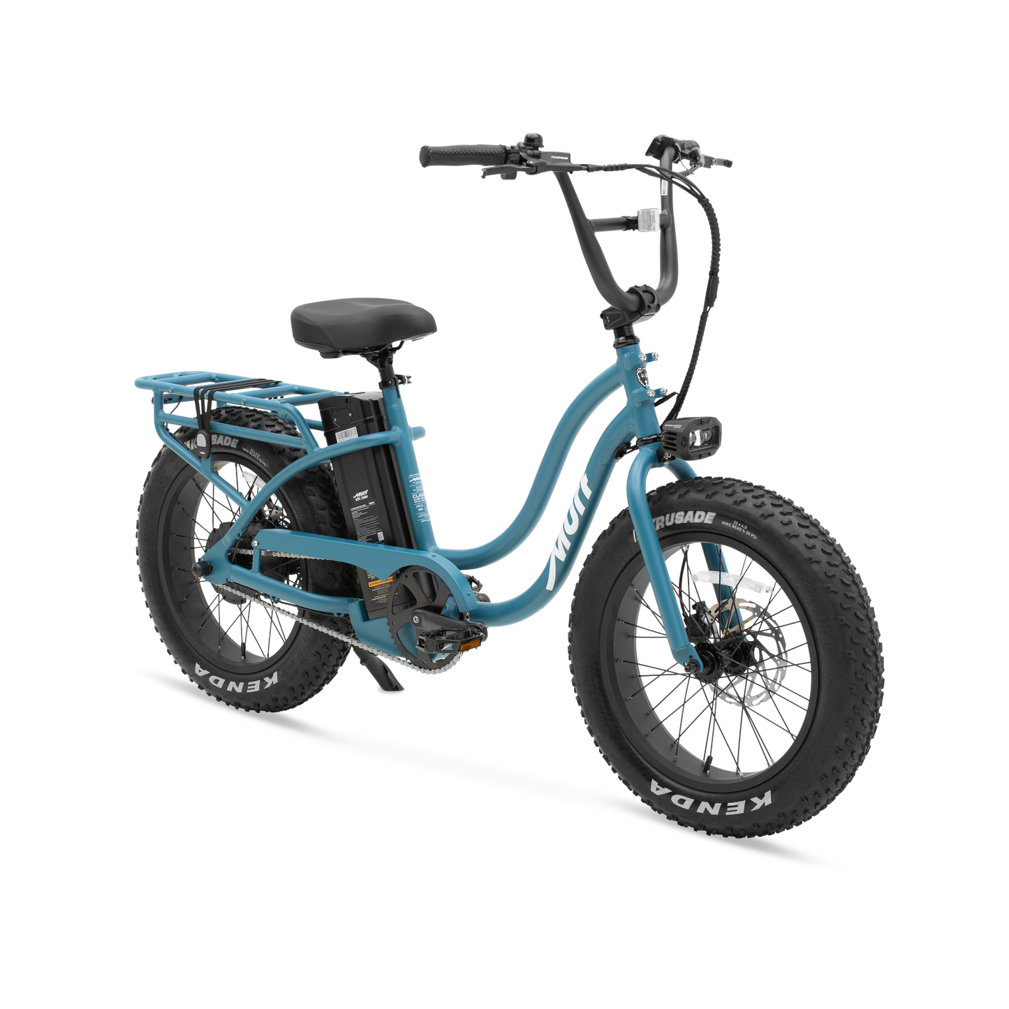 The Higgs ST step-thru fat tire e-bike in Denim Blue, shown from three quarter in a studio view.
