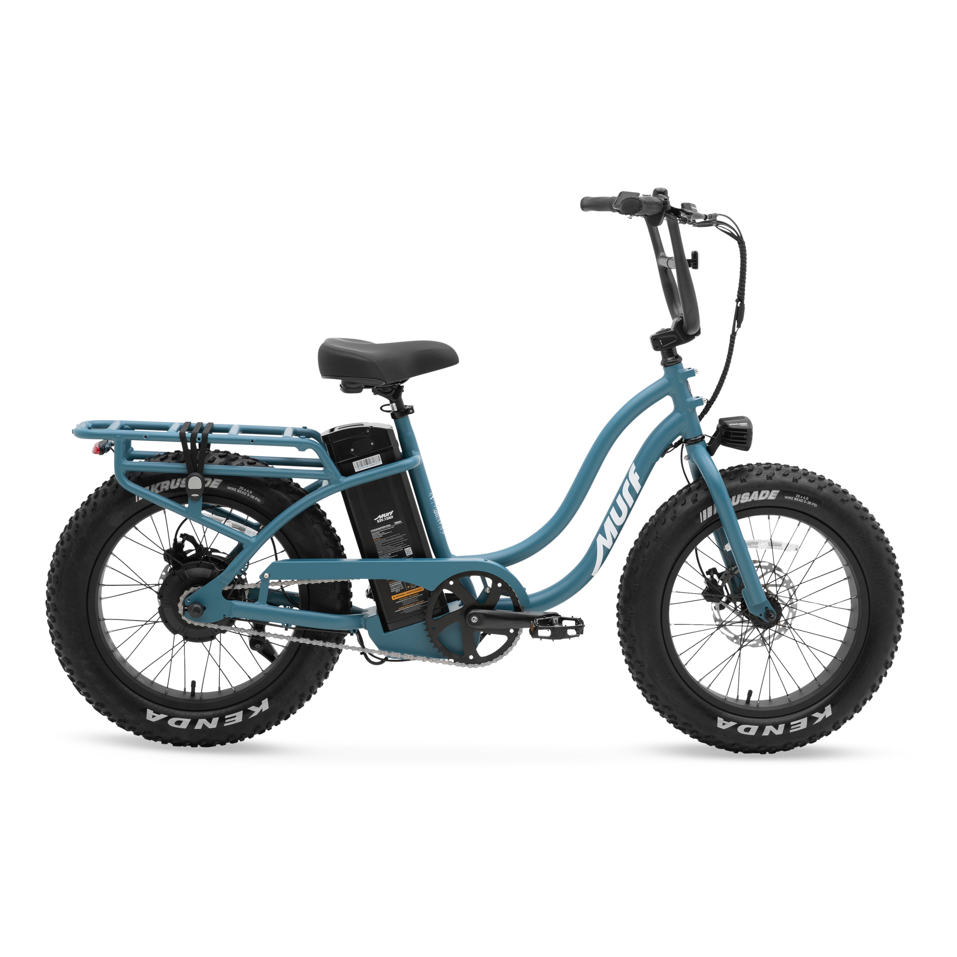 The Higgs ST step-thru fat tire e-bike in Denim Blue, shown from three quarter in a studio view.
