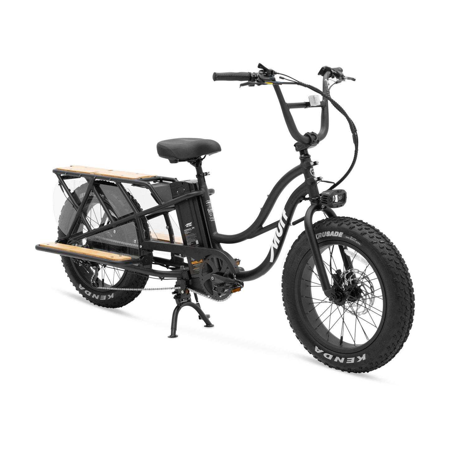  Obsidian Black Higgs Cargo electric utility bike angled view with bamboo deck and fat tires
