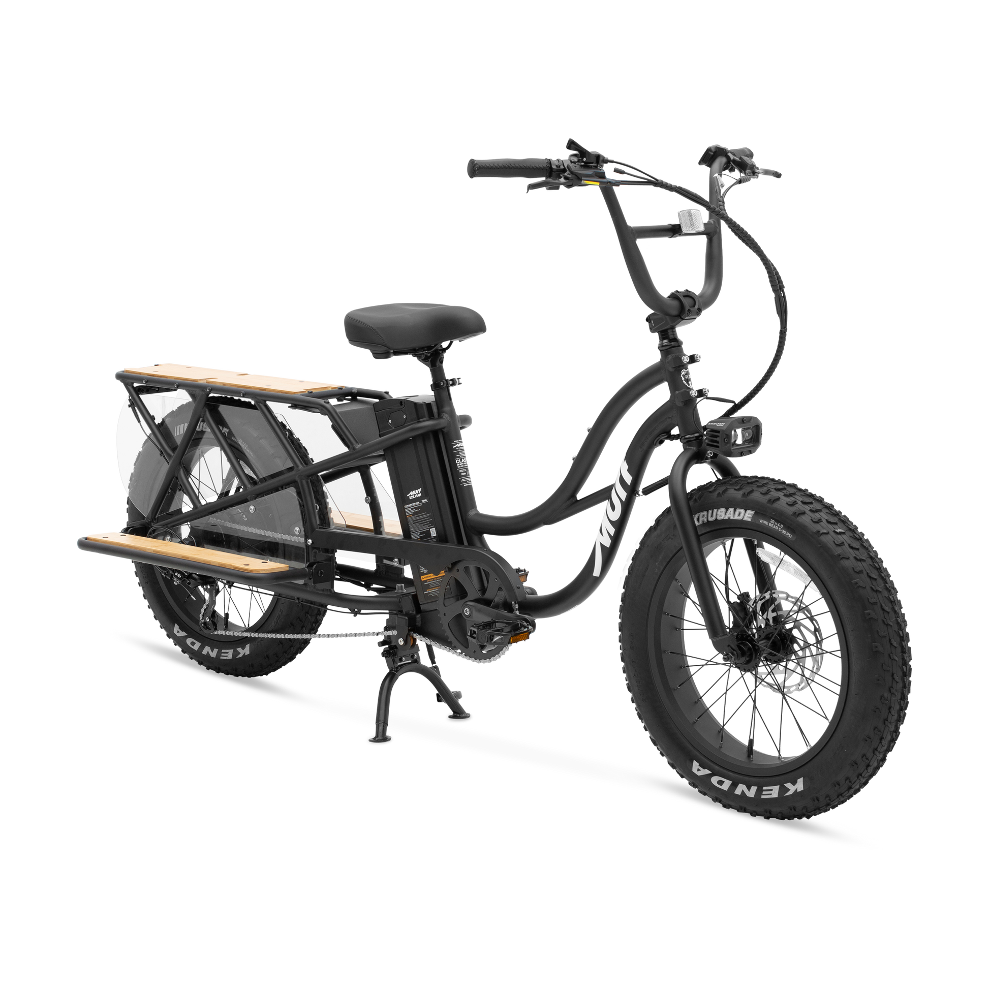  Obsidian Black Higgs Cargo electric utility bike angled view with bamboo deck and fat tires

