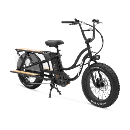 Obsidian Black Higgs Cargo electric utility bike angled view with bamboo deck and fat tires
