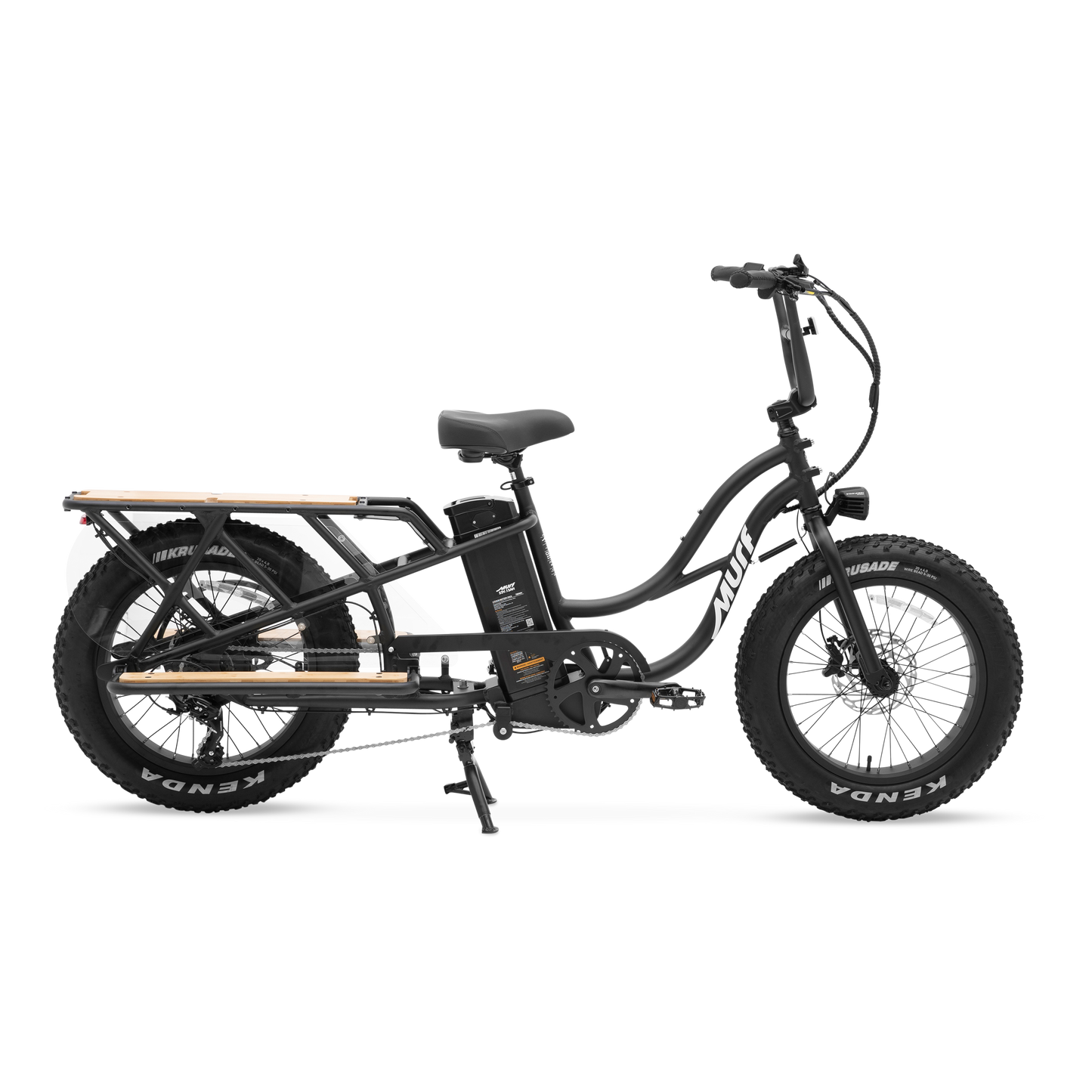 Side view of Obsidian Black Higgs Cargo e-bike with 20-inch fat tires and 52V battery