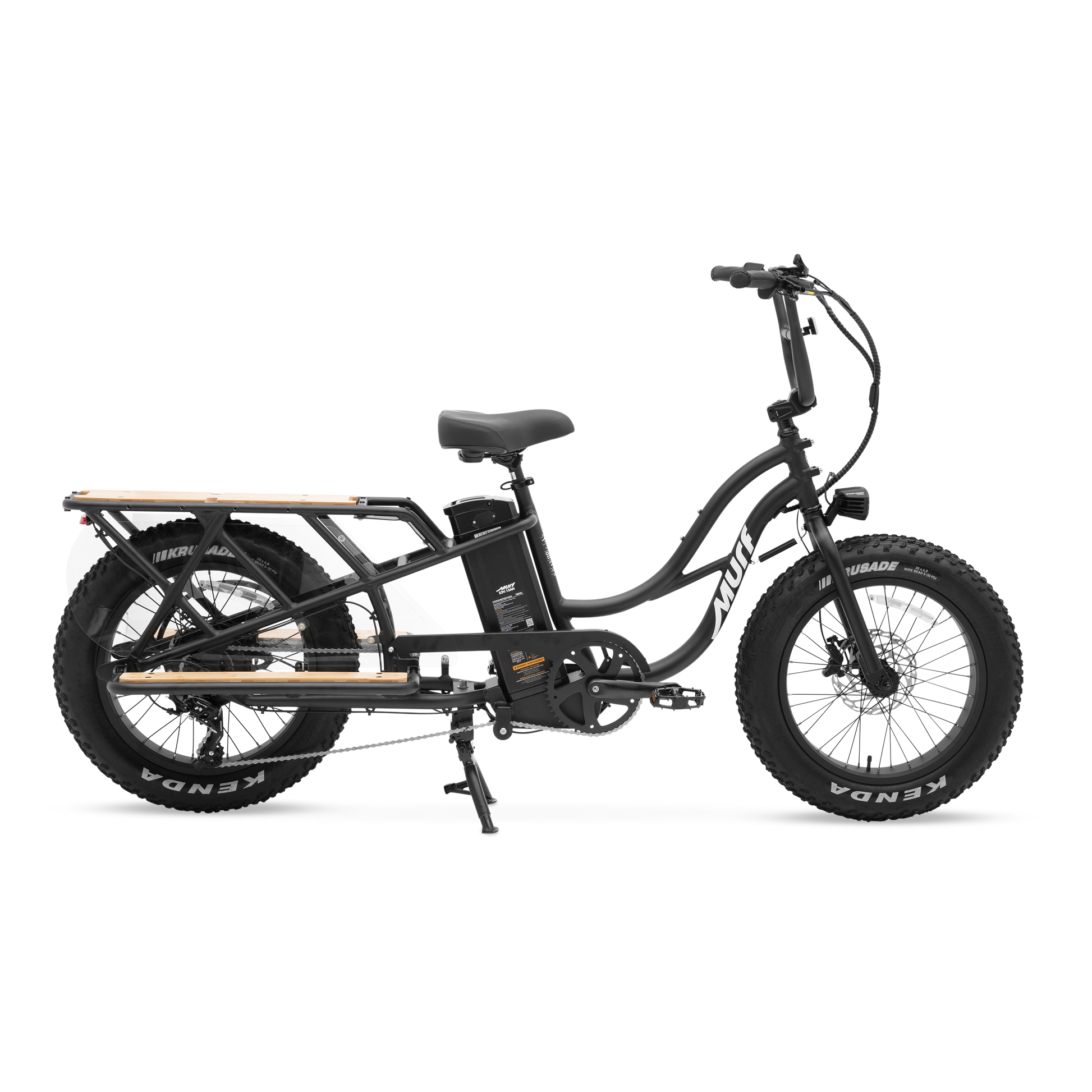 Side view of Obsidian Black Higgs Cargo e-bike with 20-inch fat tires and 52V battery