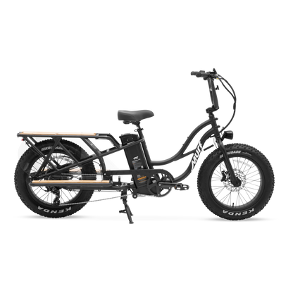 Side view of Obsidian Black Higgs Cargo e-bike with 20-inch fat tires and 52V battery