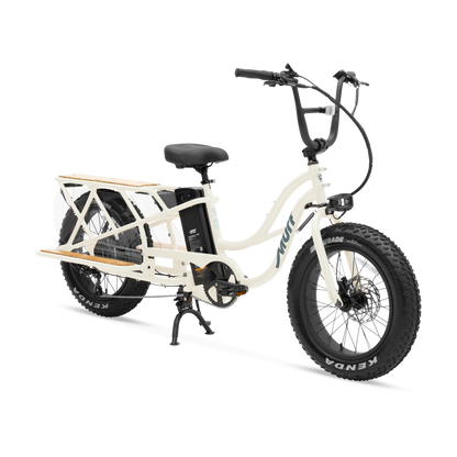 Bone White Higgs Cargo electric bicycle three-quarter view showing integrated rear rack
