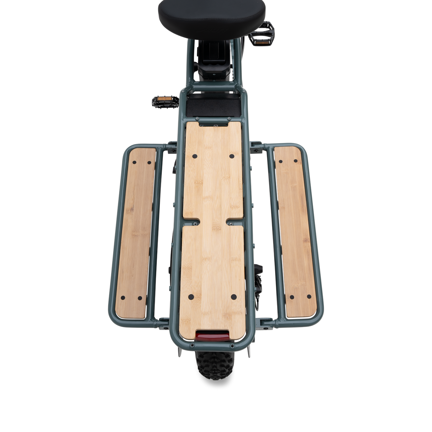 Top-down view of bamboo cargo deck and extended running boards for passenger transport