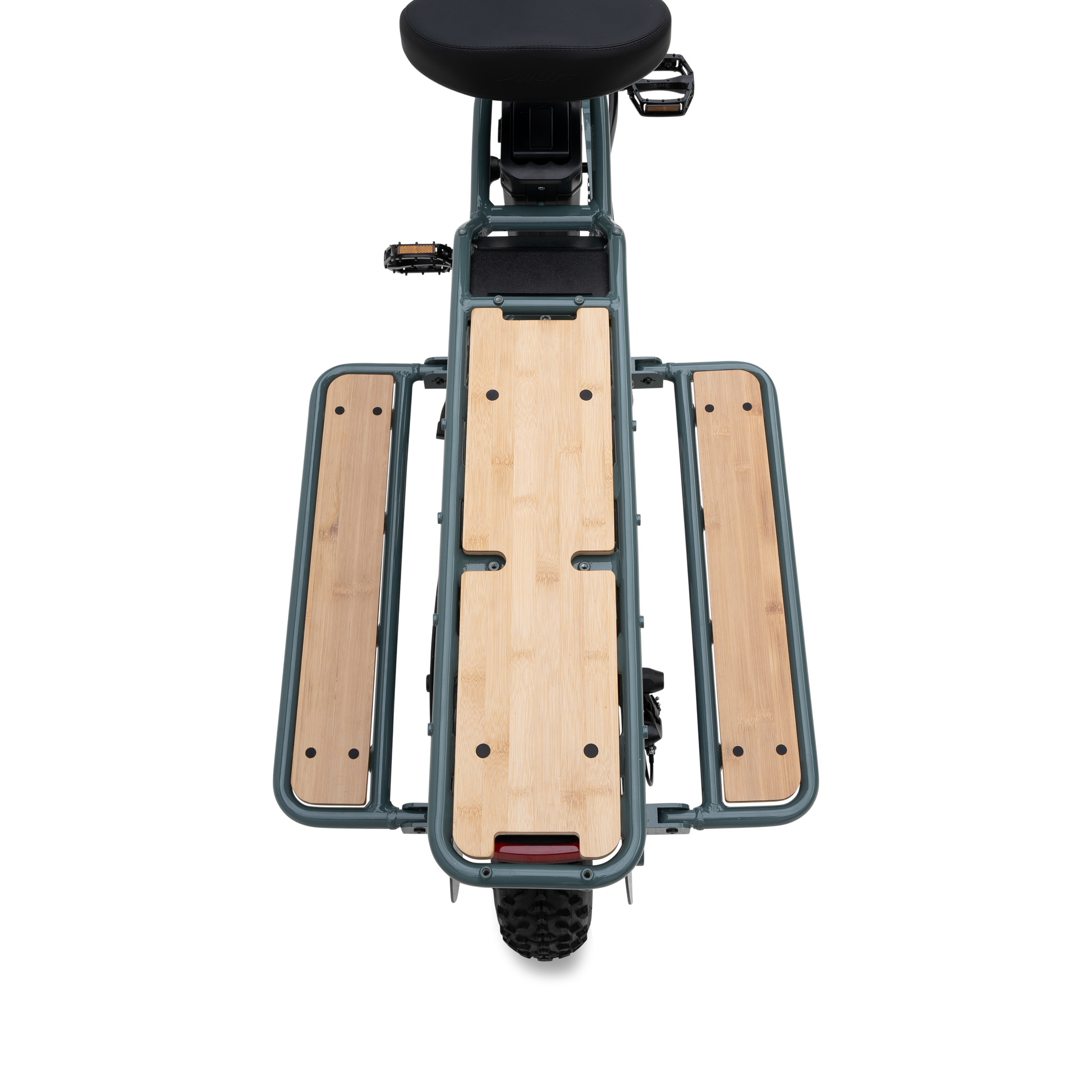 Top-down view of bamboo cargo deck and extended running boards for passenger transport