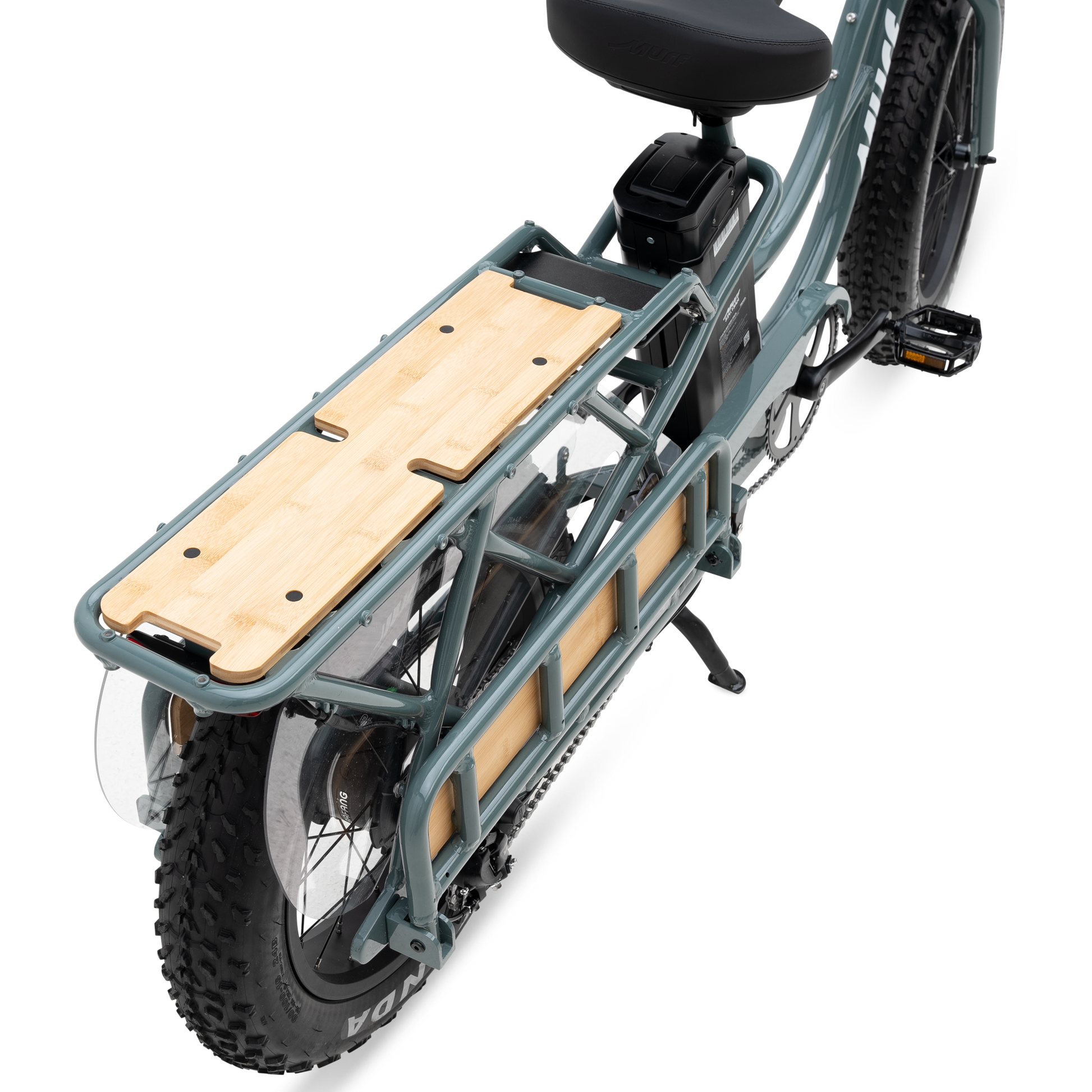 Folding bamboo running boards on Higgs Cargo bike retracted for streamlining