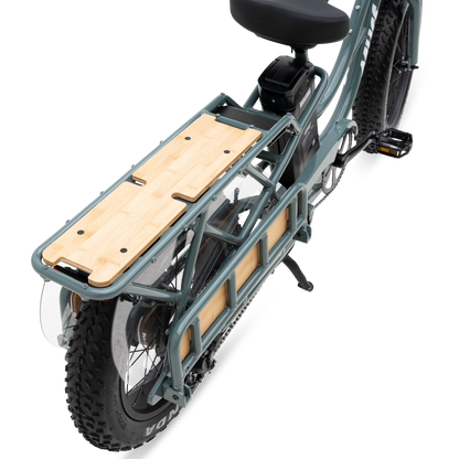 Folding bamboo running boards on Higgs Cargo bike retracted for streamlining