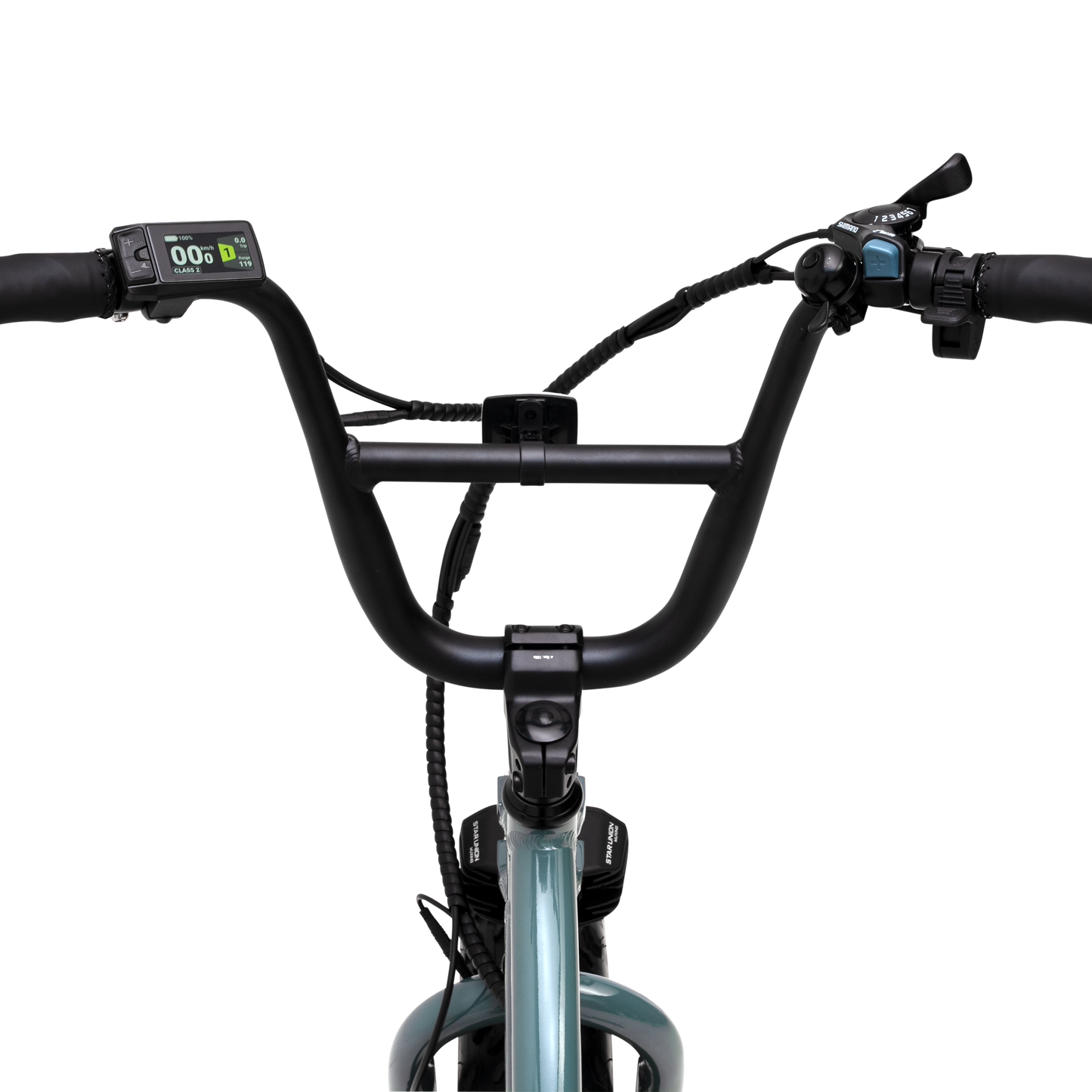 Rider view of Higgs Cargo handlebars with color LCD display and thumb throttle
