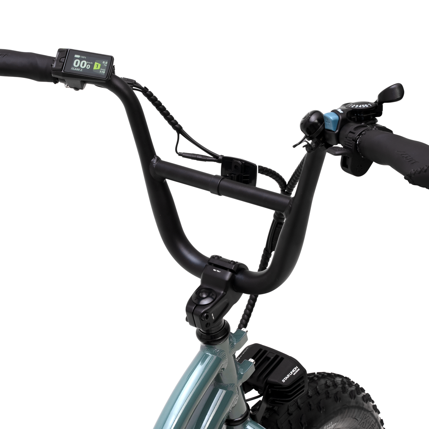 Side angle of LCD display and hydraulic brake levers on Higgs Cargo electric bike