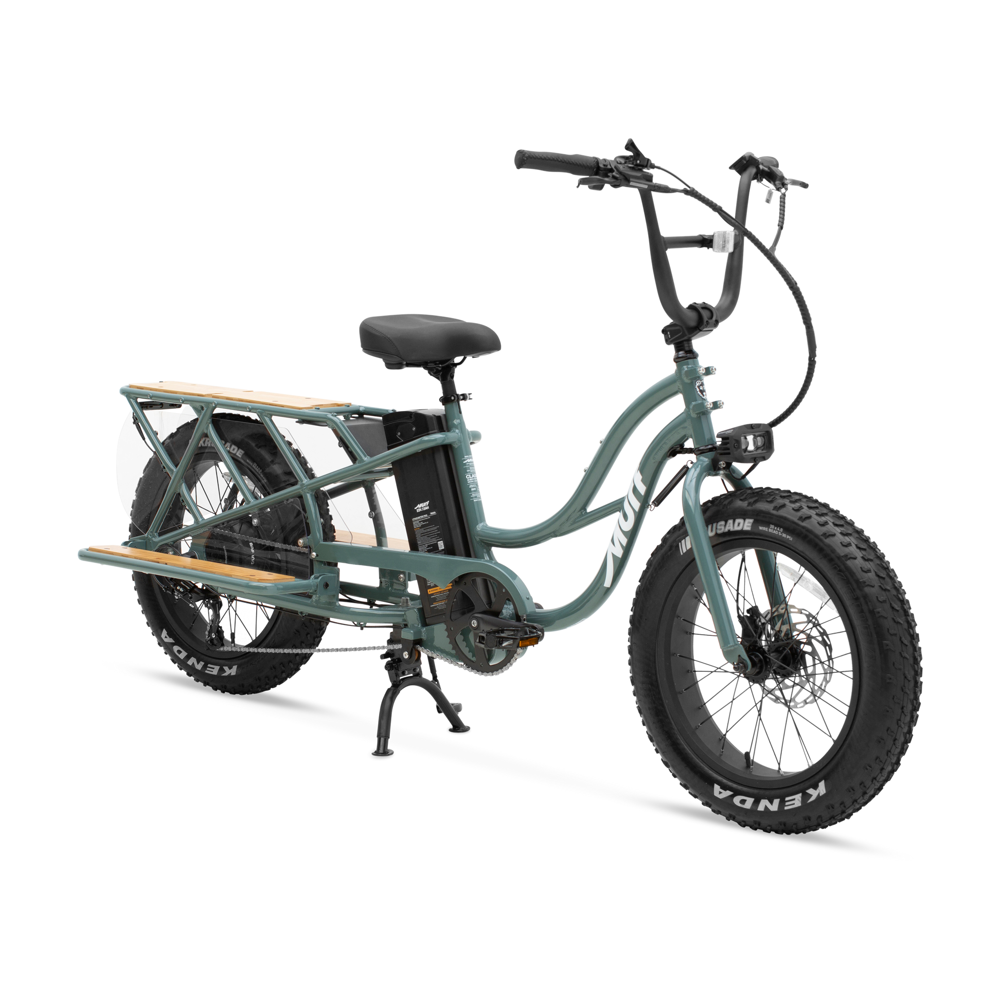 Sea Breeze Grey Gloss Higgs Cargo Class 2 Electric Bike three-quarter studio view with bamboo platform