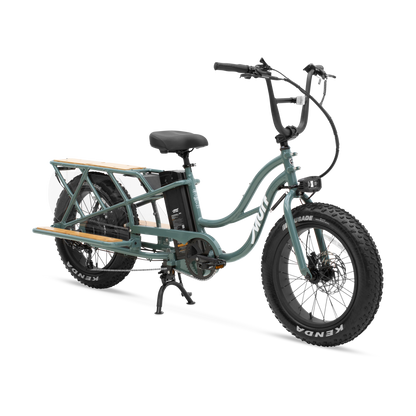 Sea Breeze Grey Gloss Higgs Cargo Class 2 Electric Bike three-quarter studio view with bamboo platform