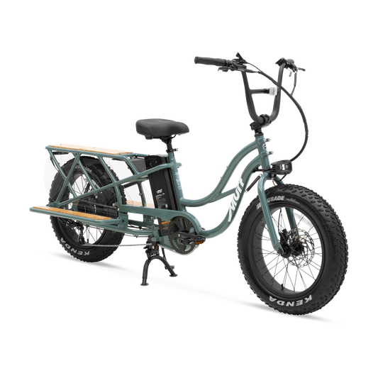 Sea Breeze Grey Gloss Higgs Cargo Class 2 Electric Bike three-quarter studio view with bamboo platform