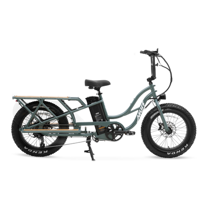 Side profile of Higgs Cargo E-Bike in Sea Breeze Grey showing compact 68-inch frame and low step-over