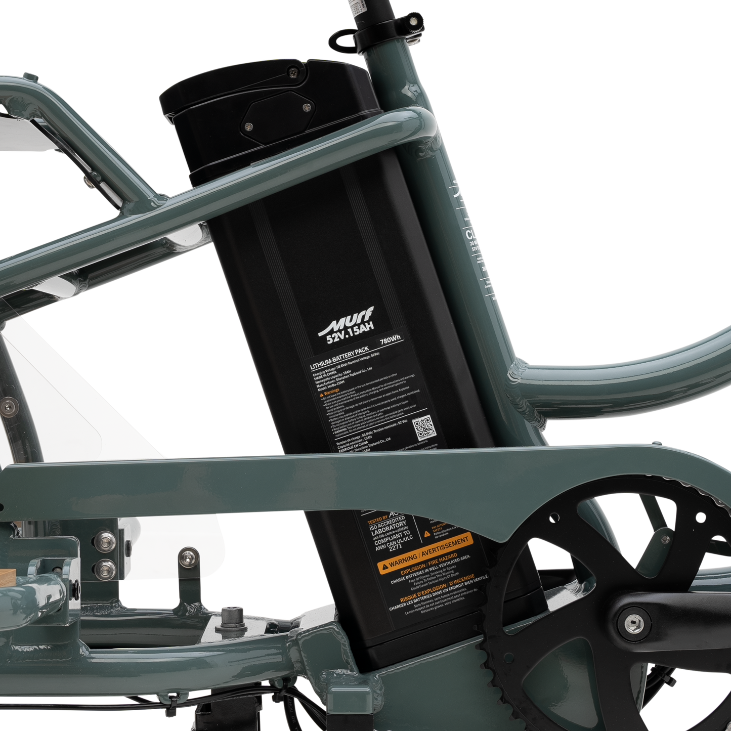 52V 15Ah (780Wh) frame-integrated removable battery on Higgs Cargo utility bike