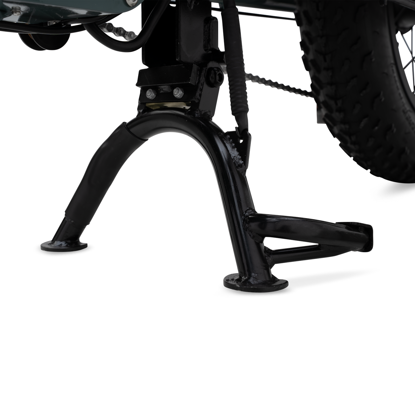 Heavy-duty dual-leg kickstand on Higgs Cargo e-bike for stable loading