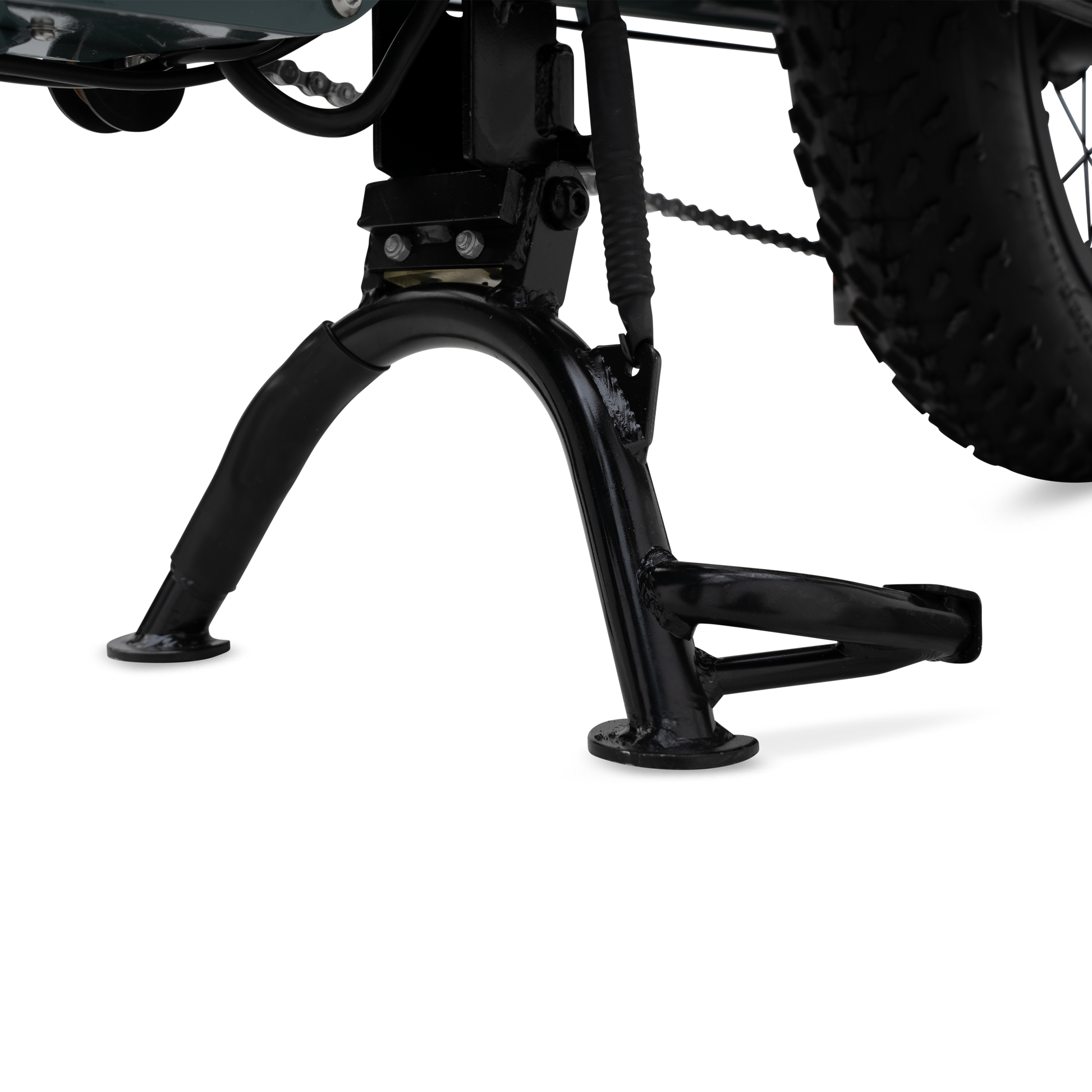 Heavy-duty dual-leg kickstand on Higgs Cargo e-bike for stable loading