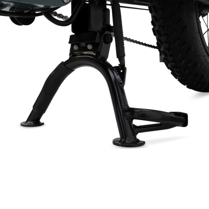 Heavy-duty dual-leg kickstand on Higgs Cargo e-bike for stable loading