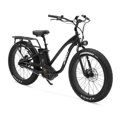 The Alpha ST step-thru fat tire e-bike in black, shown from the side in a studio view.