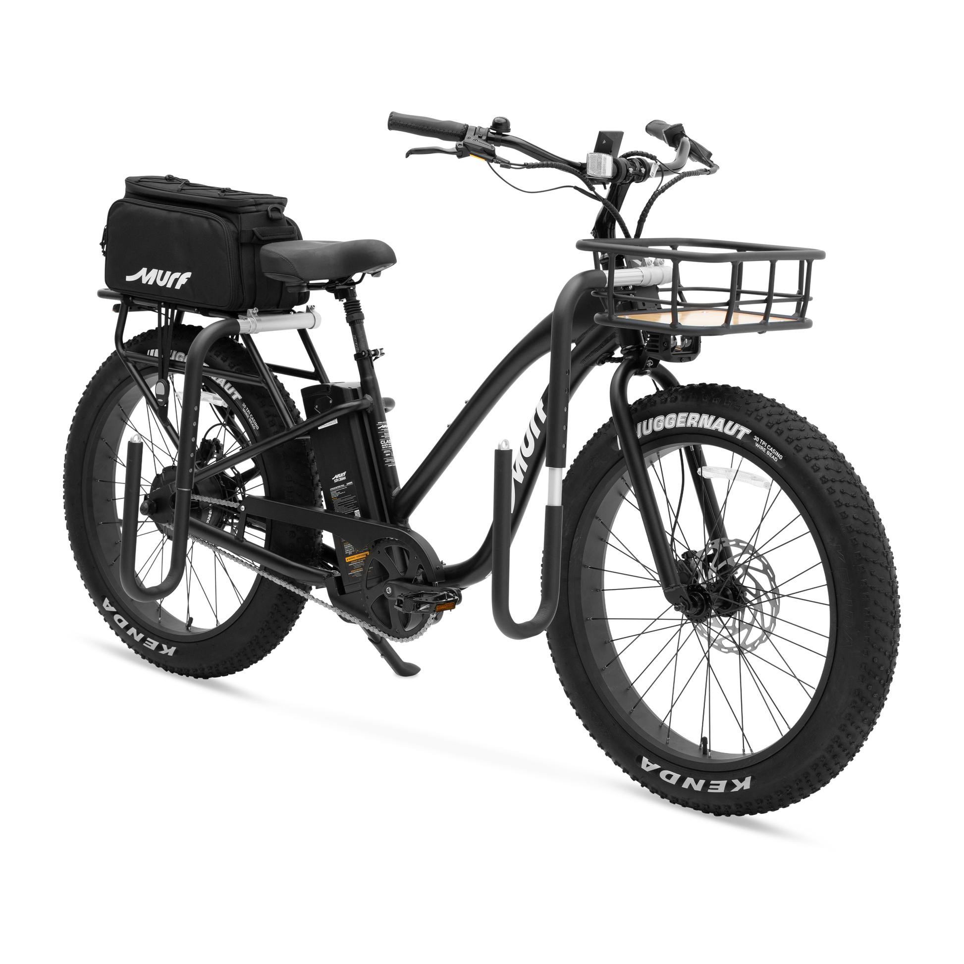 The Alpha ST e-bike shown with optional accessories, including a front basket and rear pannier bags.