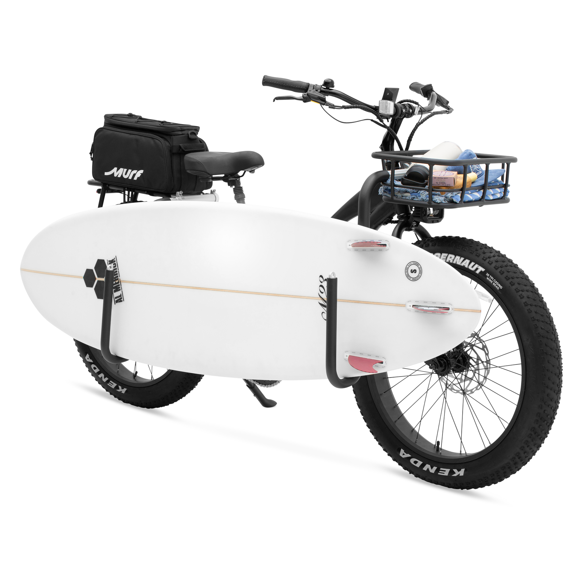 Side view of Aplha ST with Surf Rack attached and presenting a surfboard