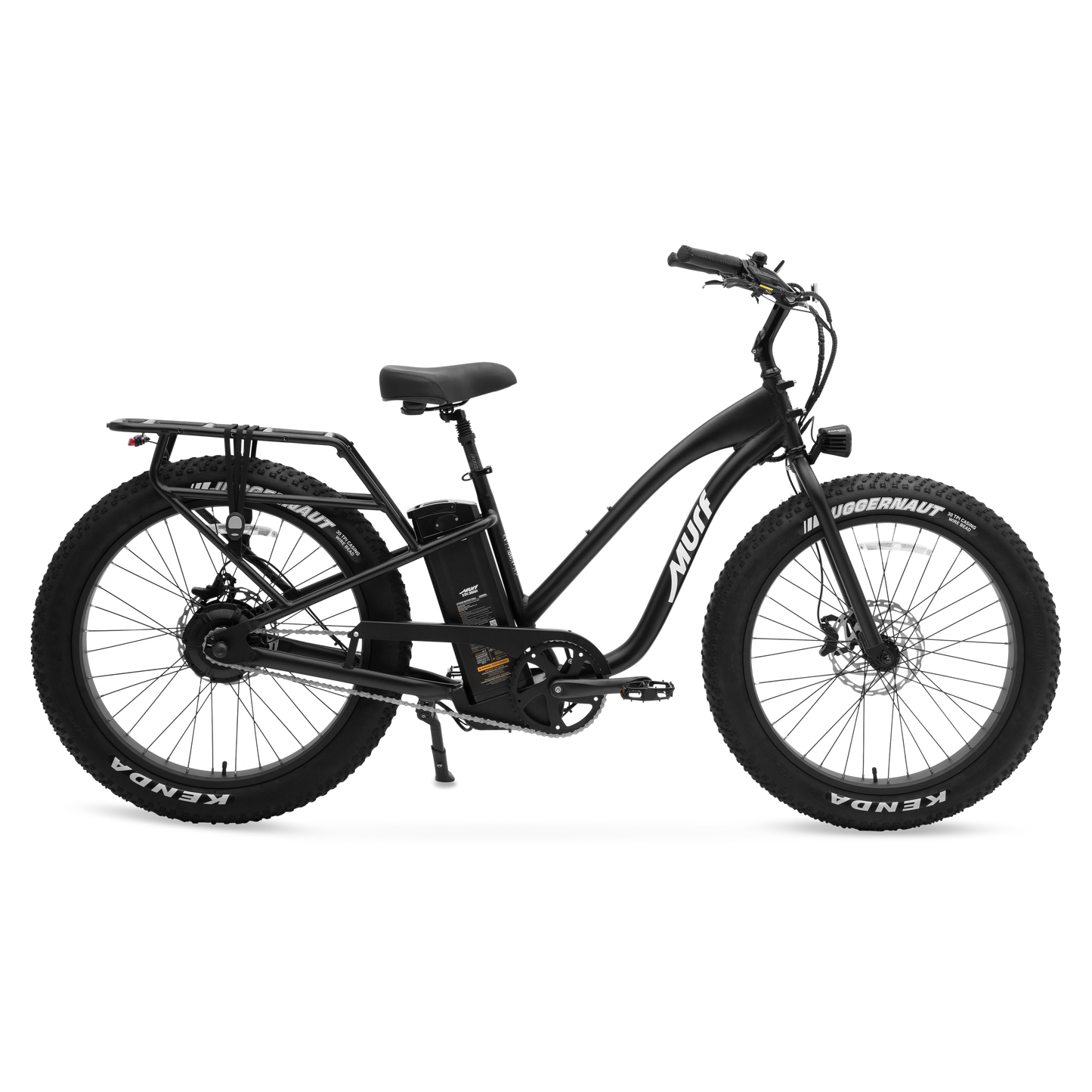 Black Alpha Step-Thru electric bike with Kenda tires on a white background side iew