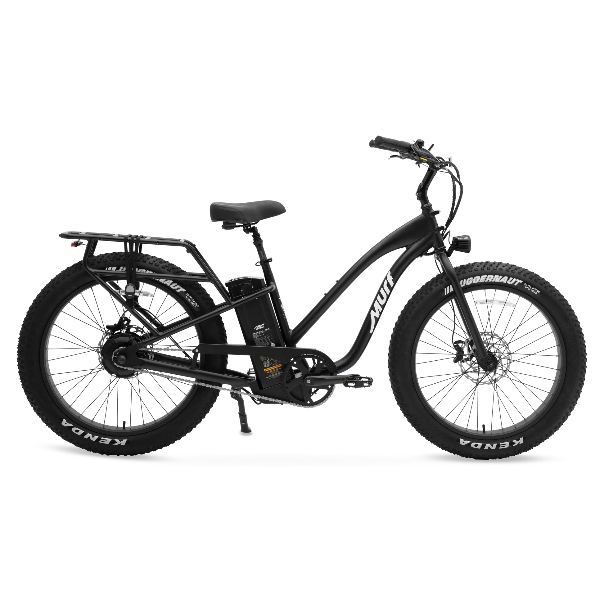 Black Alpha Step-Thru electric bike with Kenda tires on a white background side iew