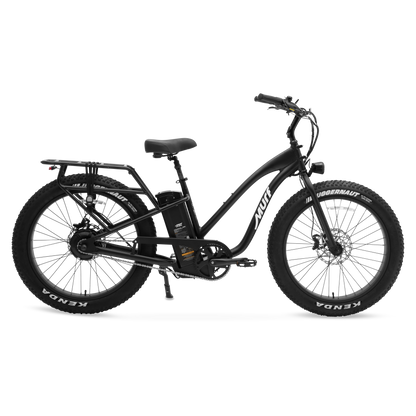 Black Alpha Step-Thru electric bike with Kenda tires on a white background side iew