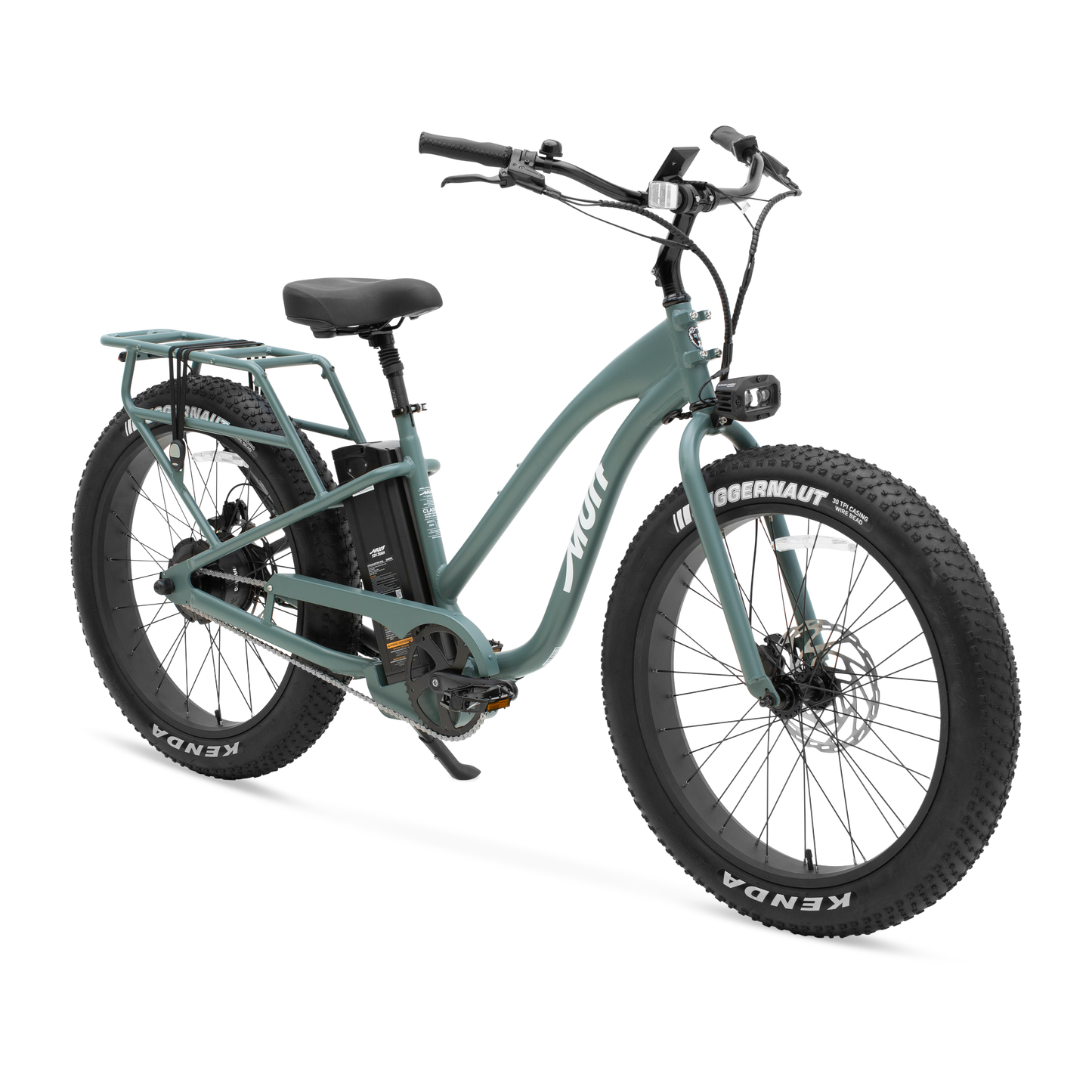 A three-quarters studio view of The Alpha ST step-thru e-bike in Seabreeze Green, highlighting its low-step frame and fat tires.
