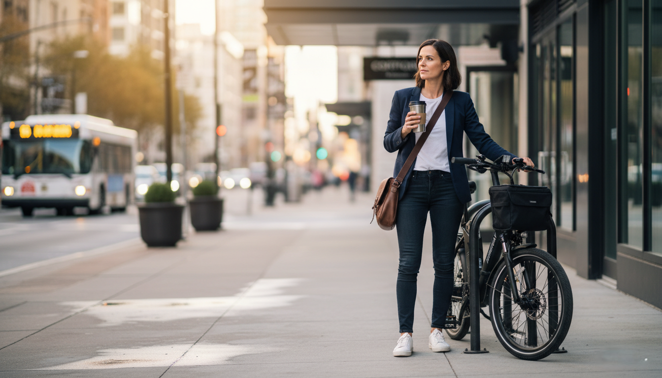 A professional woman in her mid-30s wearing a blazer and jeans stands confidently beside a sleek, dark commuter e-bike at an urban bike rack. She holds a travel coffee cup and rests one hand on the handlebars. The scene is set on a modern city sidewalk with blurred morning traffic and glass-fronted buildings in the background. The lighting is warm and directional, and the image is in an ultra-wide 3:1 aspect ratio with empty space on the left for text